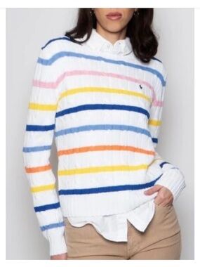 Polo Ralph Lauren Julianna White Striped Crewneck Cable Knit Cotton Sweater Med